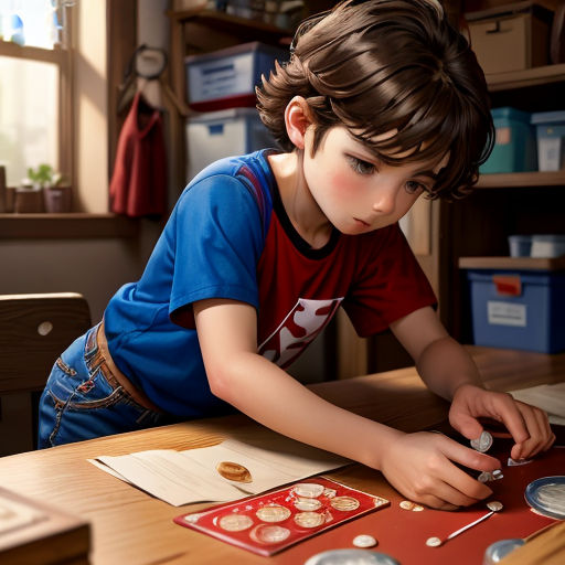 a young boy is working on a craft project at a table with a laptop and other items on it