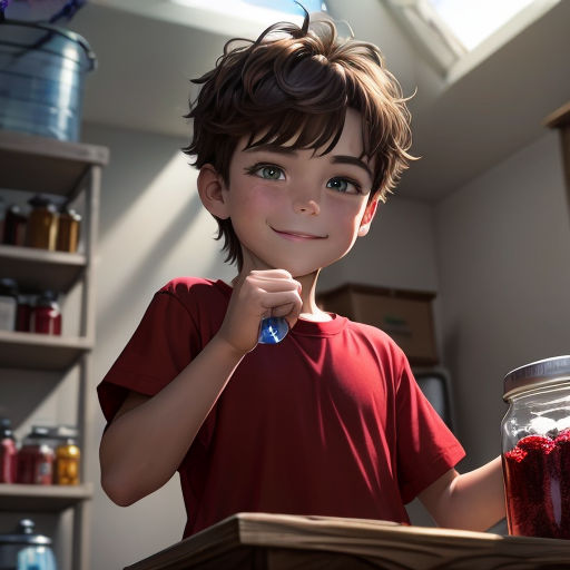 a boy holding a jar of red liquid in his hand and smiling at the camera with a spoon in his hand