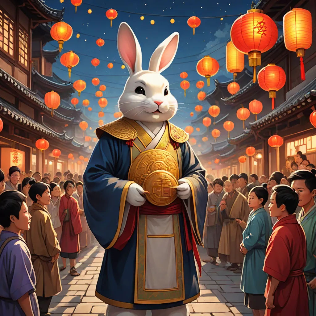 a rabbit dressed in a chinese outfit standing in front of a crowd of people with lanterns in the background, furry art, a storybook illustration, Chris LaBrooy, rossdraws global illumination