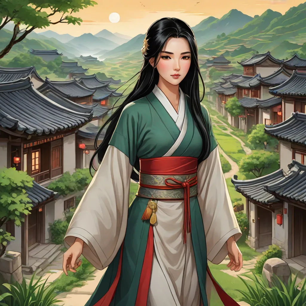 a woman in a kimono standing in front of a village with mountains and trees in the background and a full moon in the sky, fantasy art, a character portrait, Chen Hong, fantasy artwork