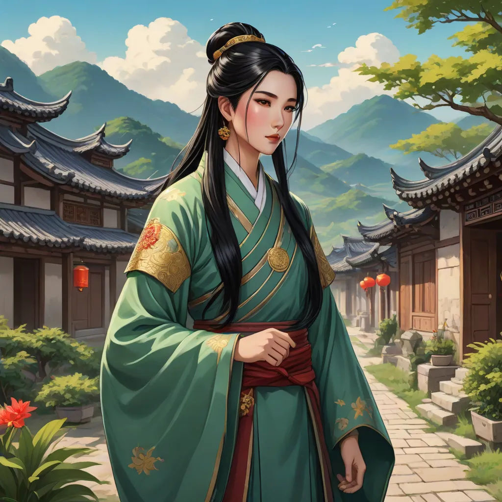 a woman in a green and gold dress standing in front of a building with mountains in the background and flowers in the foreground, fantasy art, a detailed painting, Fan Qi, official art