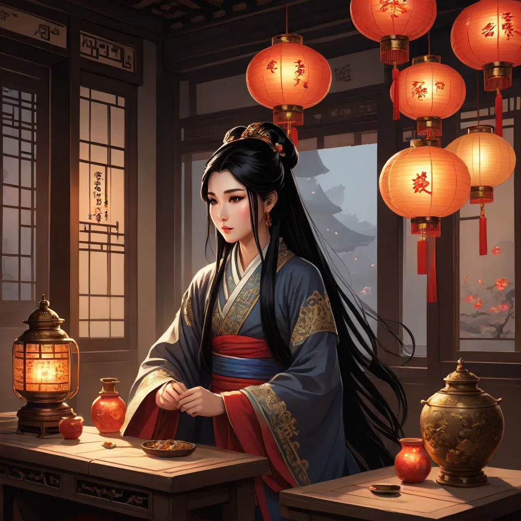 a woman in a kimono is holding a plate of food in front of lanterns and lanterns hanging from the ceiling, fantasy art, a detailed painting, Fan Qi, beautifully lit