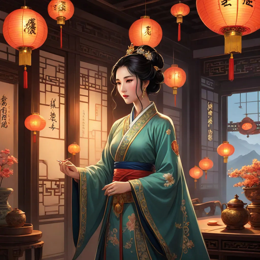 a woman in a chinese dress holding a lantern in a room with lanterns hanging from the ceiling and lanterns hanging from the ceiling, fantasy art, a detailed painting, Chen Hong, detailed painting