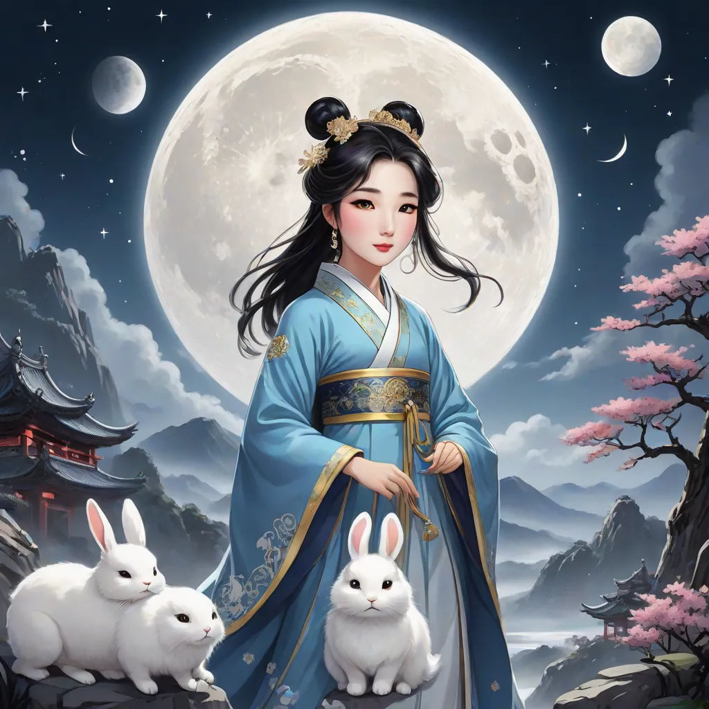 a woman in a blue dress standing next to two rabbits in front of a full moon with a full moon behind her, fantasy art, a detailed painting, Fan Qi, fantasy artwork