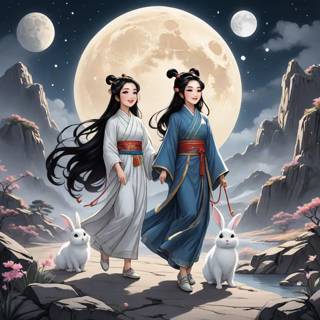 two asian women walking in front of a full moon with rabbits in front of them and a full moon behind them, fantasy art, a detailed painting, Fan Qi, official art
