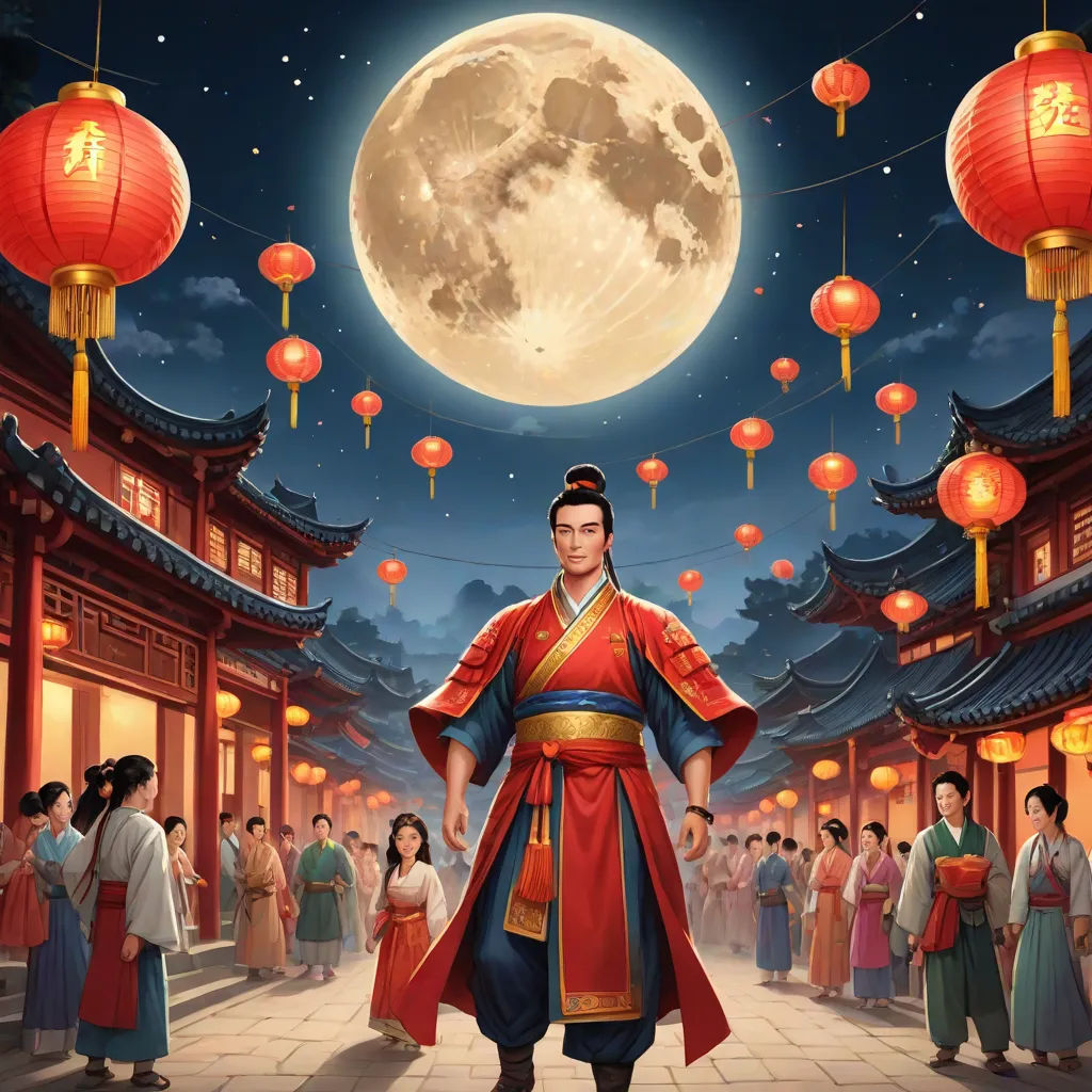 a man in a red and blue outfit standing in front of a full moon and lanterns in a chinese city, magical realism, a storybook illustration, Emperor Huizong of Song, full moon