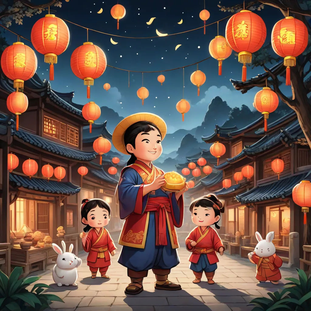 a man holding a bowl of food in front of a group of children in front of lanterns and lanterns, lyco art, a storybook illustration, Andrew Law, official art