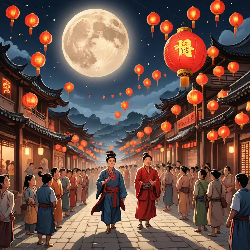 a painting of a man walking down a street with lanterns in the sky above him and a full moon in the sky above, magical realism, a detailed matte painting, Emperor Huizong of Song, full moon