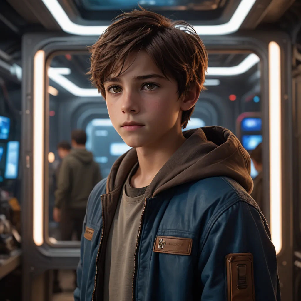 a young boy in a star wars movie scene looking at the camera with a serious look on his face, retrofuturism, a character portrait, Adam Dario Keel, kai carpenter