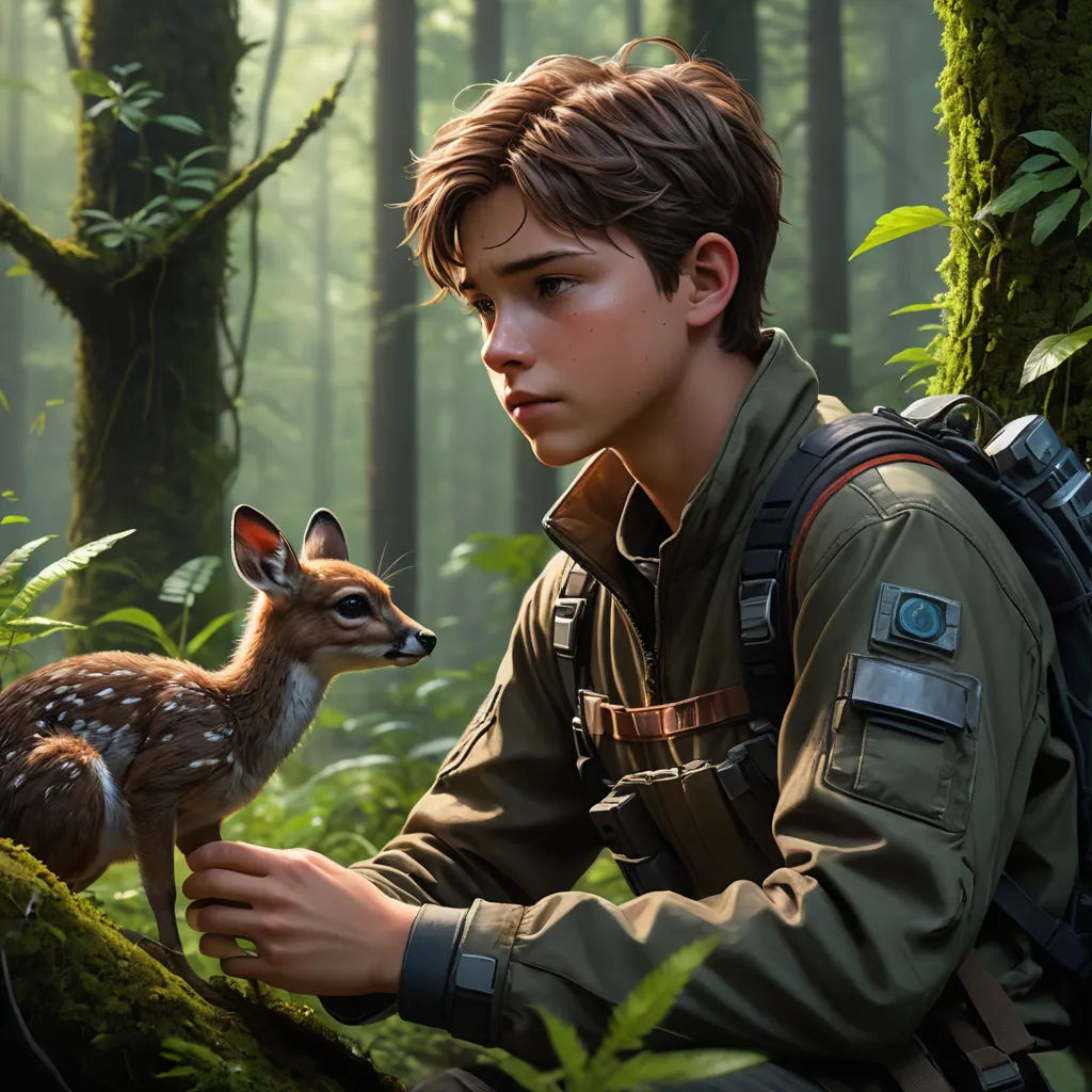 a boy in a forest with a deer in his hand and a backpack on his shoulder, looking at the camera, photorealism, concept art, David Park, key art