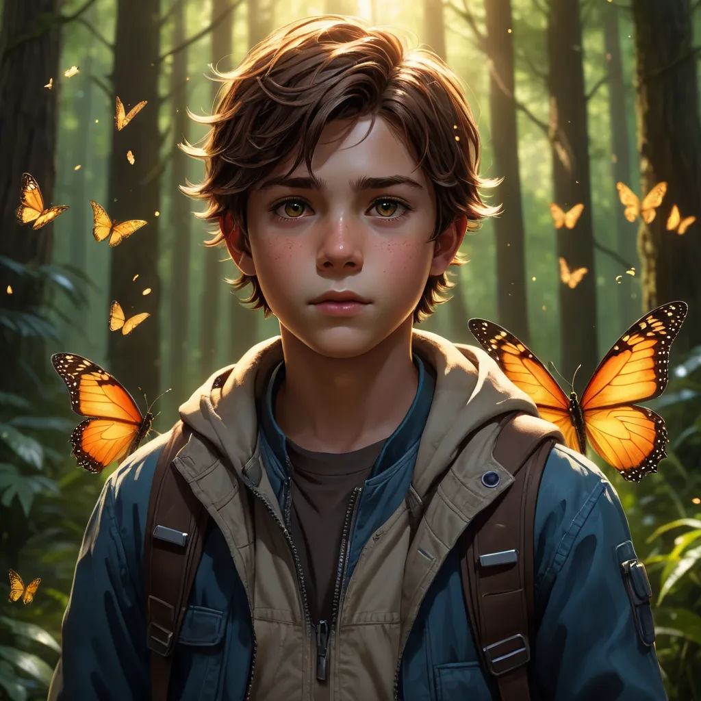 a boy with a backpack and butterflies on his shoulders in a forest with trees and grass, and a sun shining through the trees, sots art, a character portrait, Aaron Jasinski, stanley artgerm lau