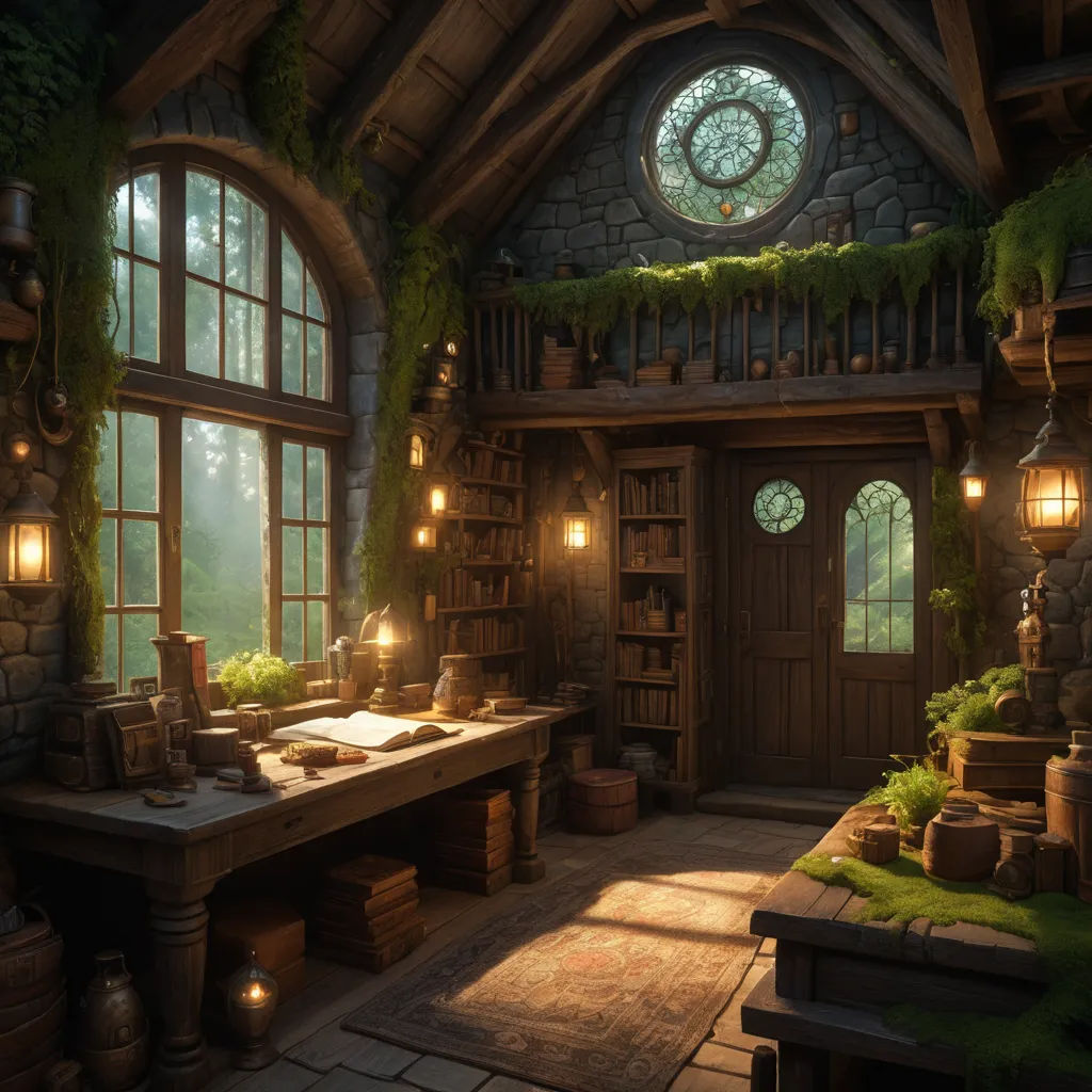 a room with a desk and a window in it with a clock on the wall and a lot of windows, arts and crafts movement, a detailed matte painting, Evgeny Lushpin, unreal engine render