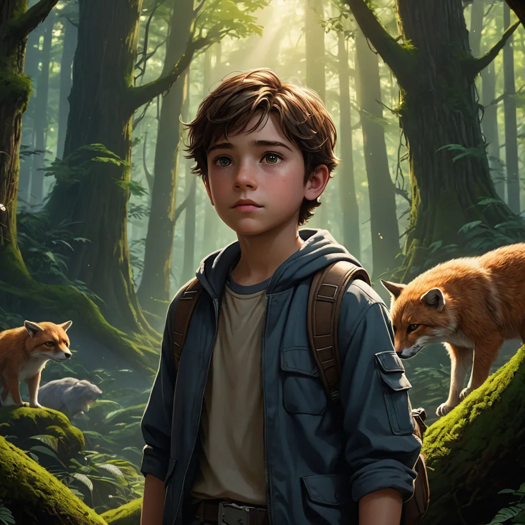 a boy standing in the woods with a fox behind him and another animal behind him in the background,, sots art, poster art, Aaron Jasinski, key art