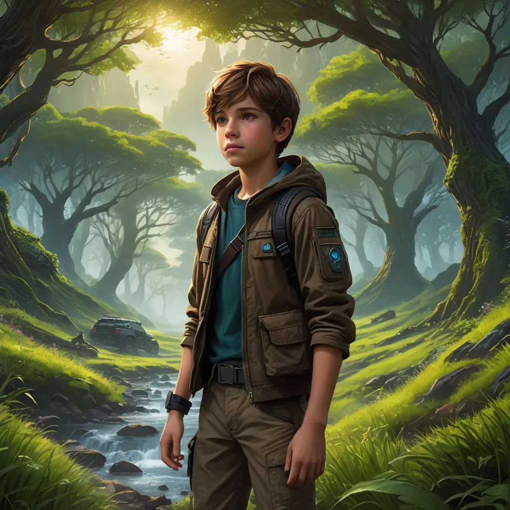 a boy standing in a forest with a stream in the background and a forest scene in the background with trees and grass, fantasy art, a detailed matte painting, Clint Cearley, key art
