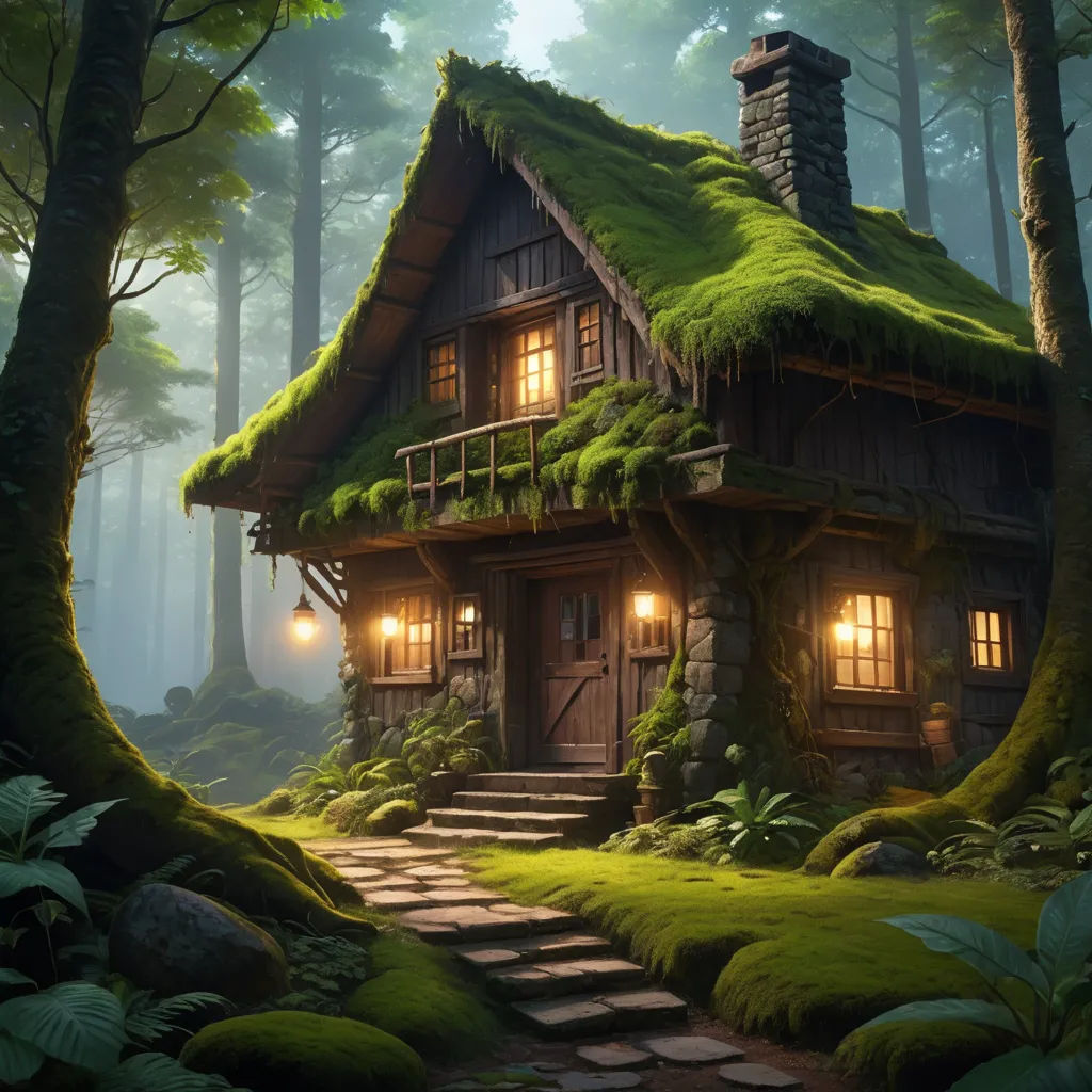 a house with a green roof and a mossy roof and steps leading to it in the woods with a pathway leading to it, fantasy art, a detailed matte painting, Chris LaBrooy, cinematic matte painting