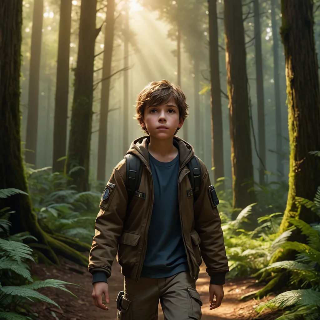 a young boy walking through a forest with a backpack on his back and a backpack on his shoulder,, environmental art, a character portrait, Daniel Lieske, promotional image