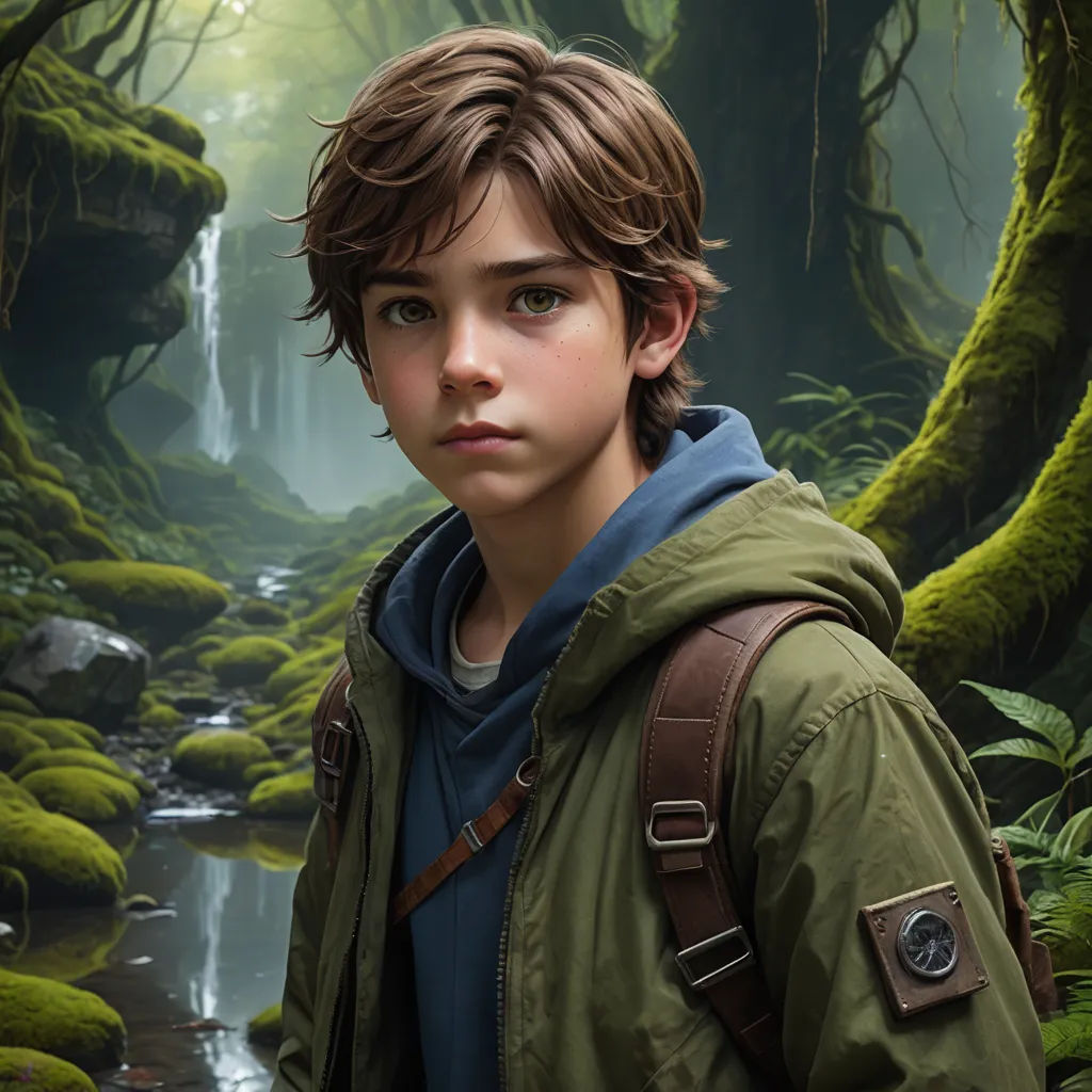 a boy in a green jacket standing in front of a waterfall in a forest with mossy trees and rocks, photorealism, a detailed matte painting, Cliff Childs, photoreal
