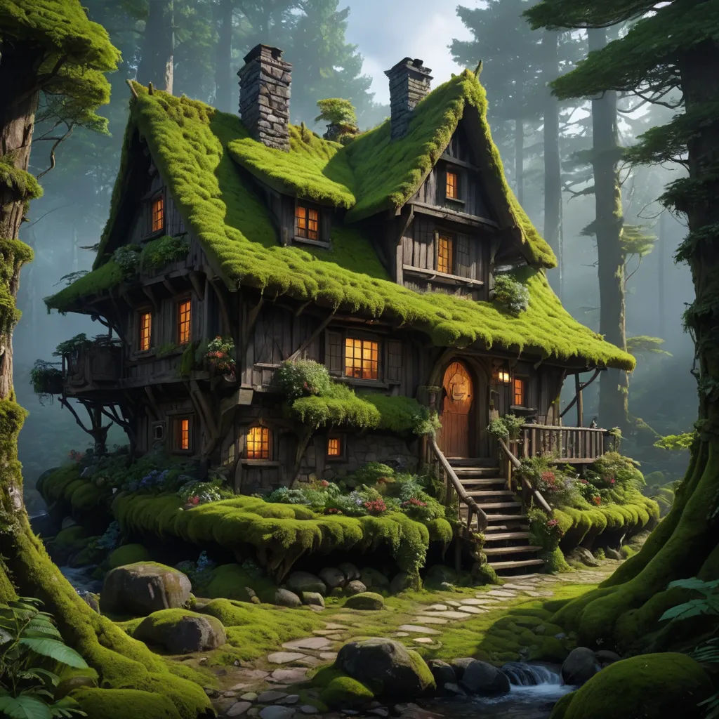 a house with a green roof and a mossy roof and stairs leading to it in the woods with a stream, fantasy art, a detailed matte painting, Chris LaBrooy, kinkade