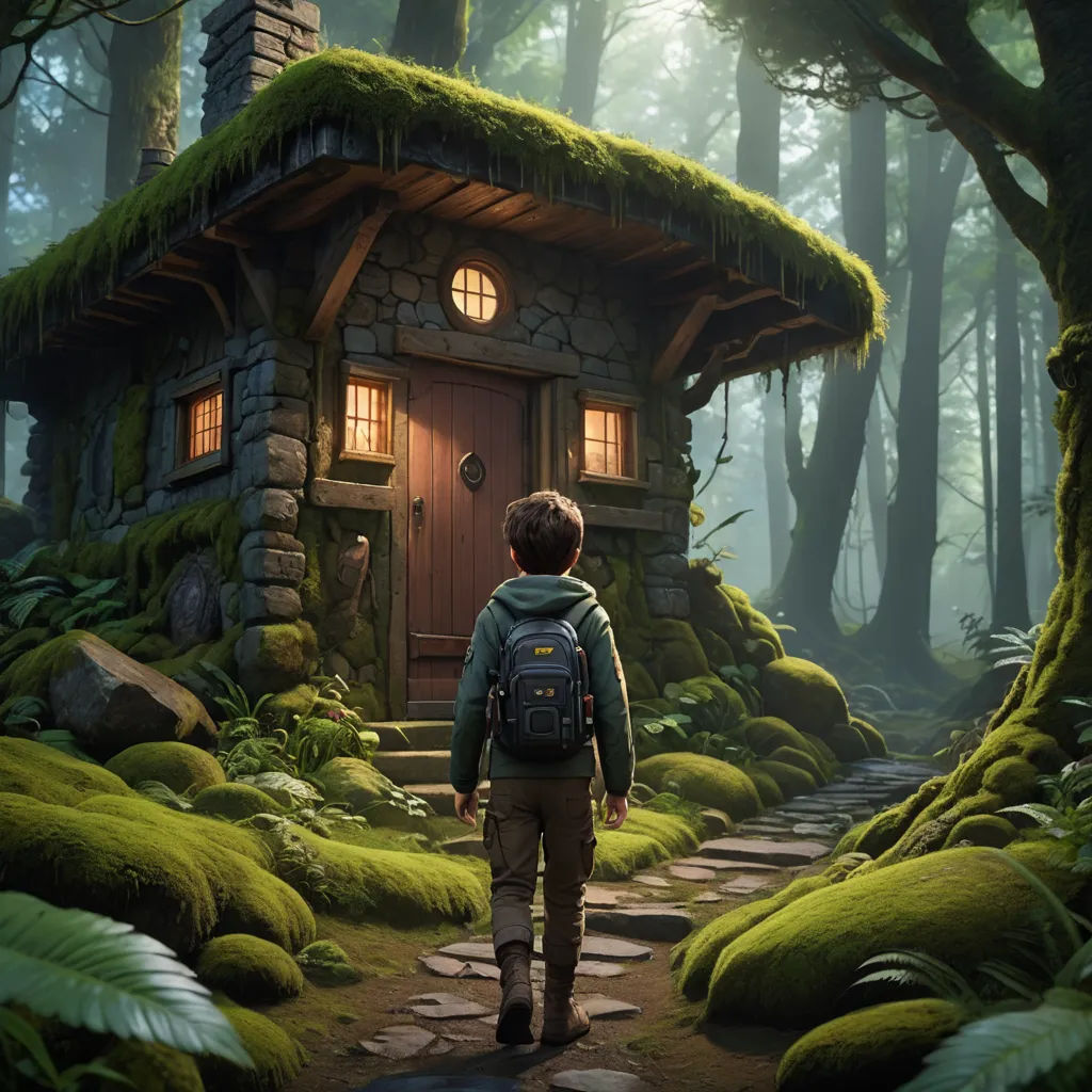 a man walking towards a small cabin in the woods with a door and window on it's side, magical realism, a detailed matte painting, Chris LaBrooy, promotional image
