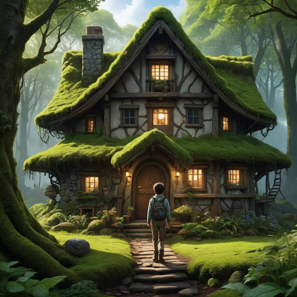 a man walking towards a small house with a green roof and a green roof that has a mossy roof, fantasy art, a detailed matte painting, Chris LaBrooy, cinematic matte painting