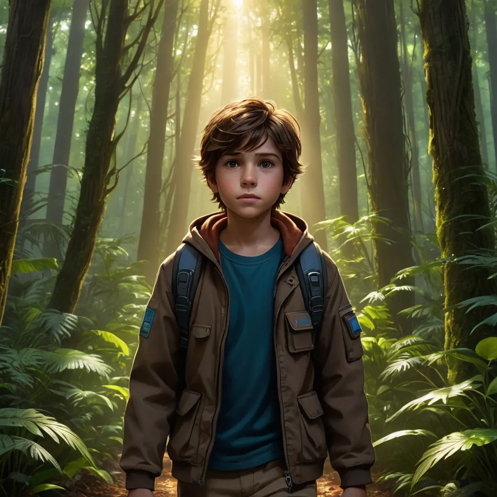 a boy in a forest with a backpack on his back and a backpack on his shoulder, standing in front of a forest with tall trees, photorealism, a detailed matte painting, Diego Gisbert Llorens, promotional image