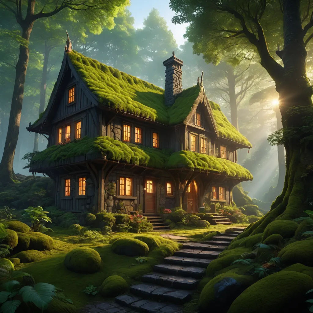 a house with a green roof and a green roof covered in mossy grass and surrounded by trees and bushes, fantasy art, a detailed matte painting, Chris LaBrooy, cinematic matte painting