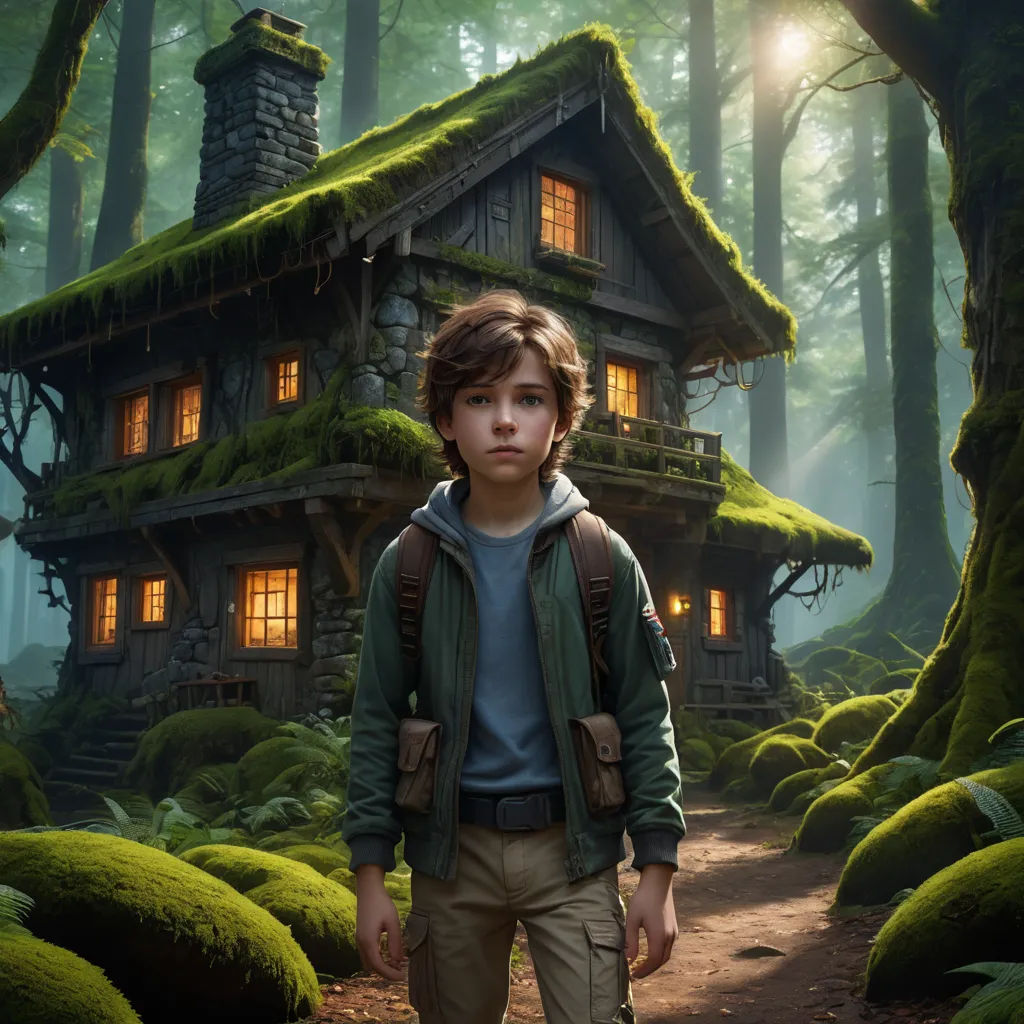 a boy is standing in front of a house in the woods with a light on it's windows, photorealism, a detailed matte painting, Diego Gisbert Llorens, promotional image