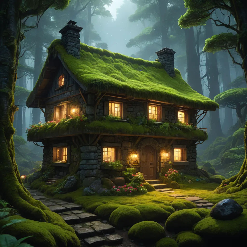 a house with a green roof in the woods with moss growing on the roof and steps leading to it, fantasy art, a detailed matte painting, Evgeny Lushpin, matte fantasy painting