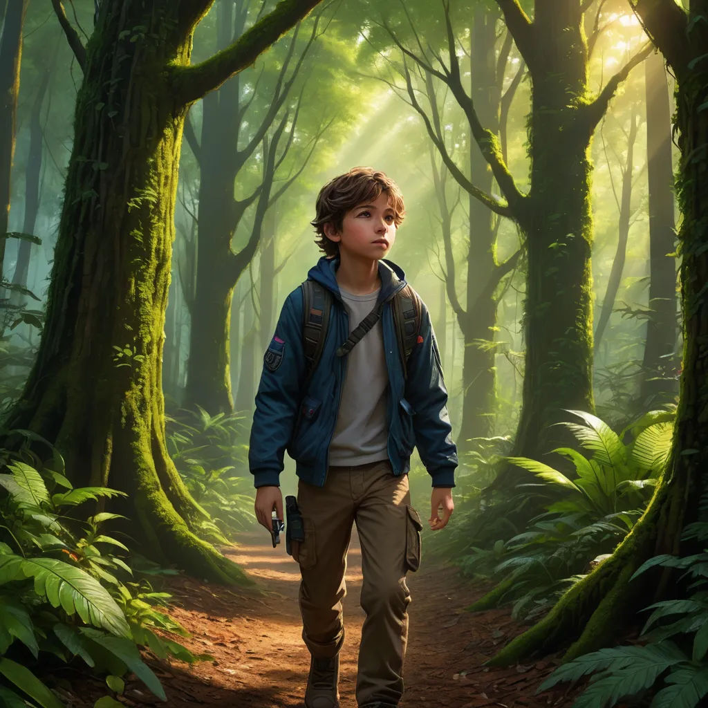 a boy walking through a forest with a backpack on his back and a backpack on his shoulder, in front of a forest with green trees, rayonism, a detailed matte painting, Adam Rex, imax 70 mm footage