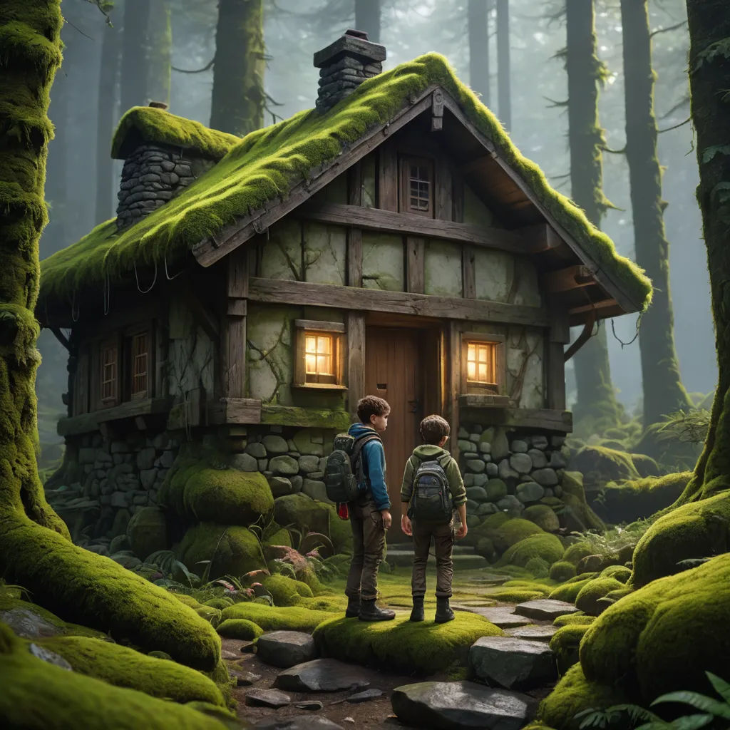 two children standing in front of a small cabin in the woods with moss growing on the roof and walls, photorealism, a detailed matte painting, Chris LaBrooy, cgstudio