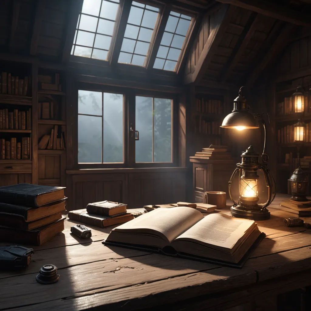 a book is on a table in a room with a window and a lamp on it, and a book is on the table, academic art, a 3D render, Evgeny Lushpin, unreal engine render