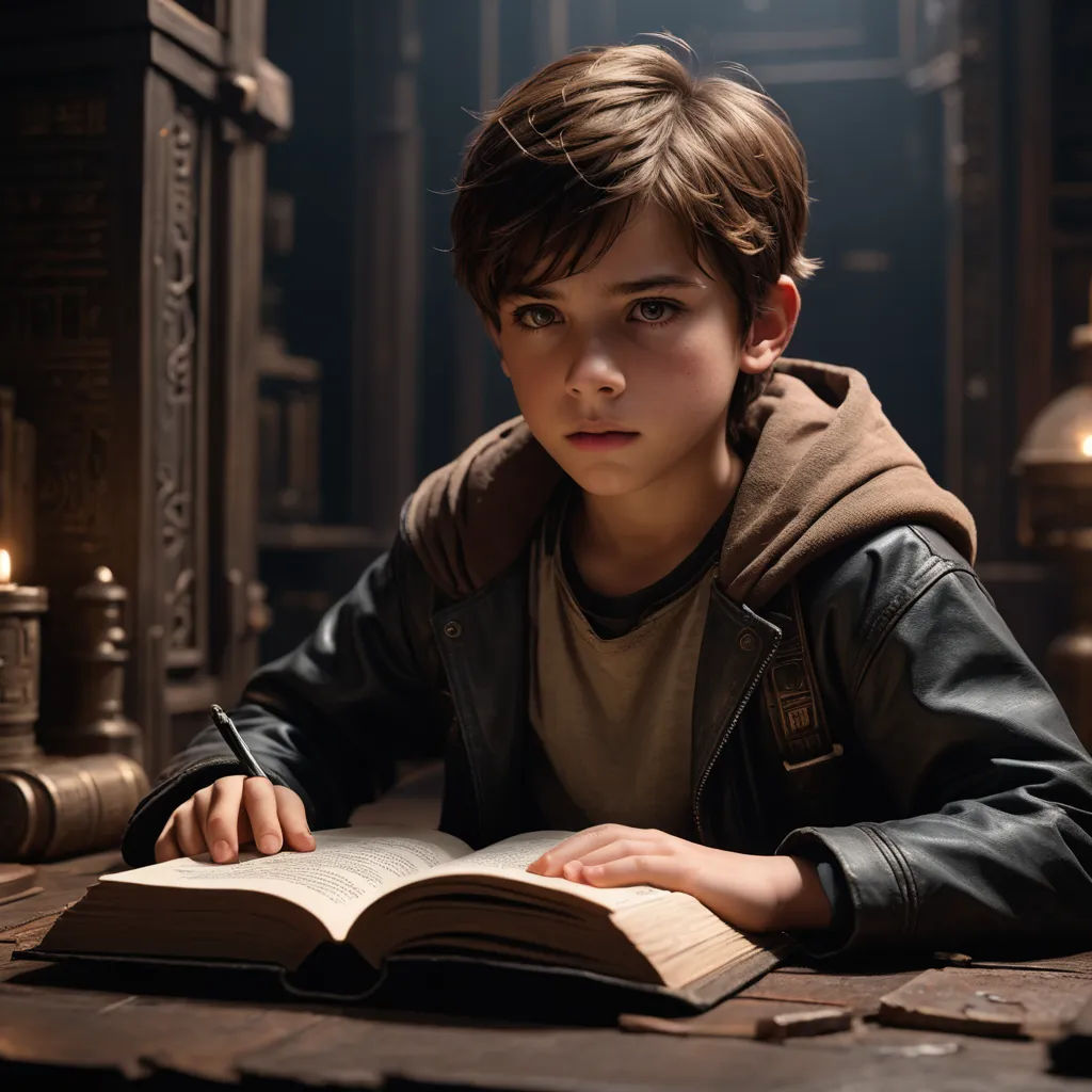 a young boy sitting at a table with a book in front of him and a candle in the background, photorealism, a character portrait, Diego Gisbert Llorens, promotional image