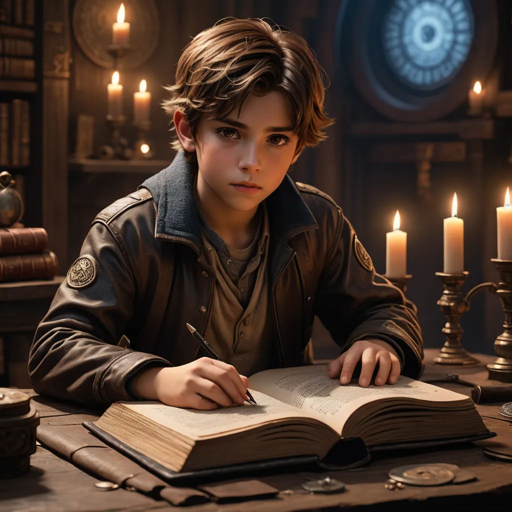 a boy sitting at a table with a book and a pen in his hand and a clock in the background, fantasy art, a character portrait, Cedric Peyravernay, unreal engine render