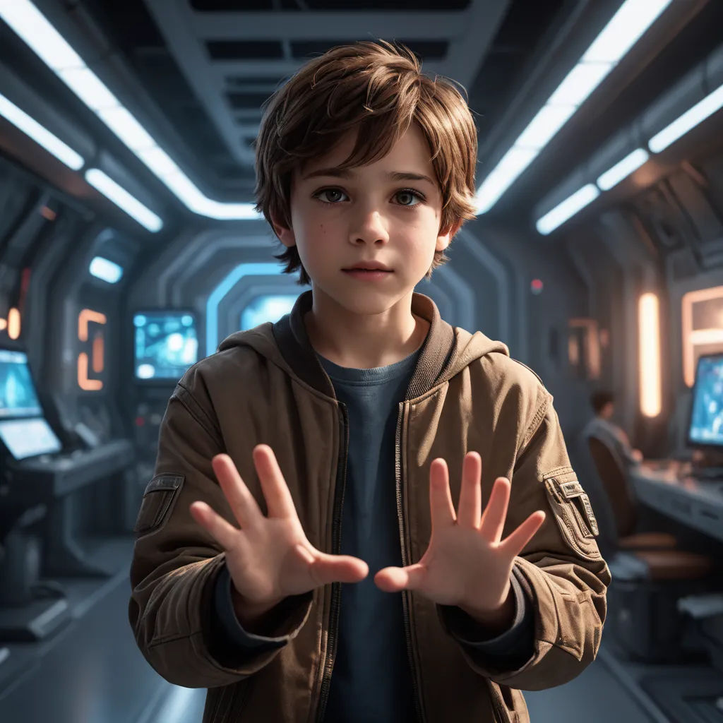 a young boy is standing in a sci - fi setting with his hands out in front of him and a spaceship in the background, photorealism, a character portrait, Daniel Lieske, unreal 5