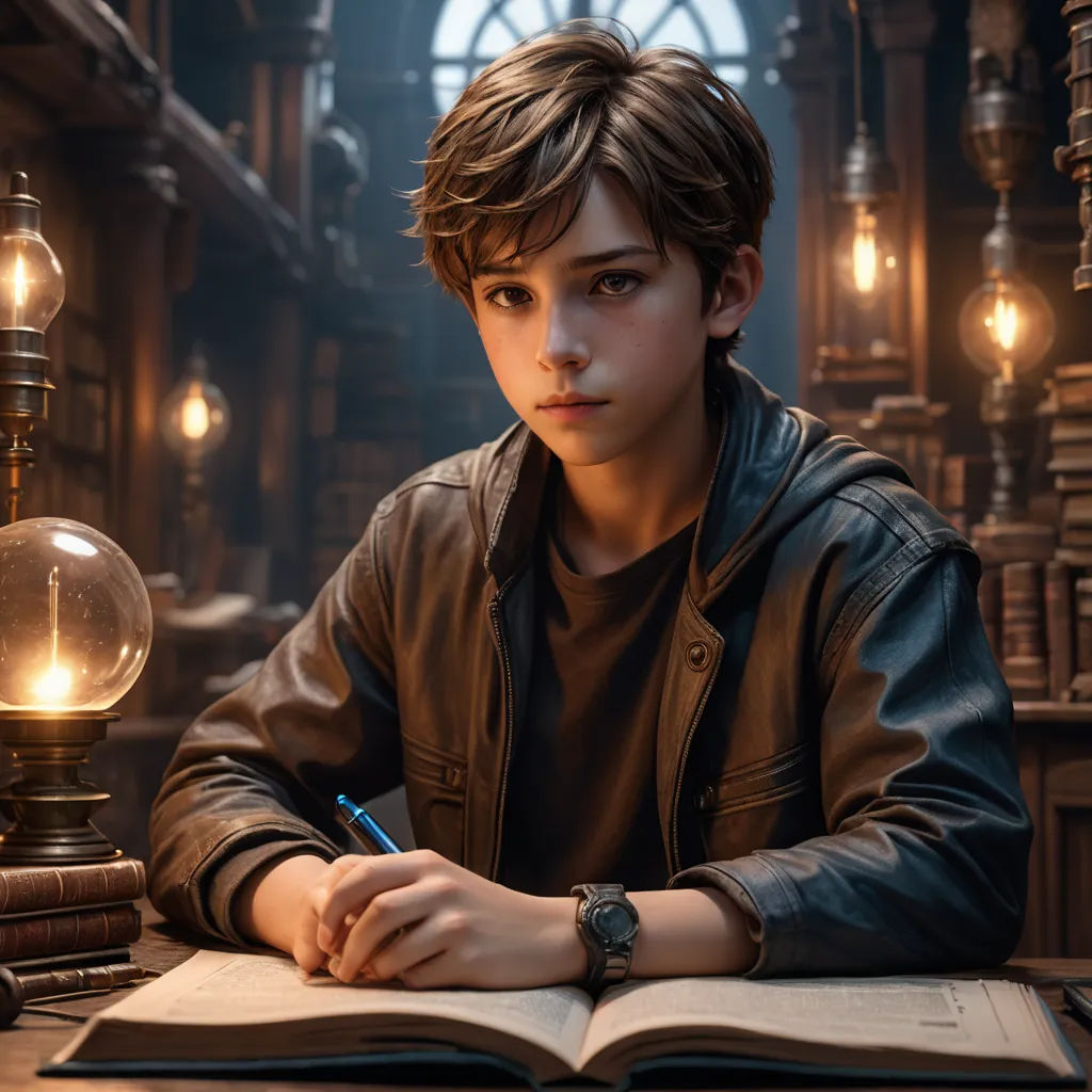a boy sitting at a desk with a book and a pen in his hand and a lamp in the background, photorealism, computer graphics, Cedric Seaut (Keos Masons), unreal engine highly rendered