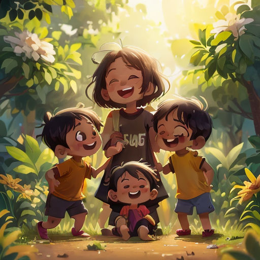 a group of children standing next to each other in a forest with sun shining through the trees and leaves