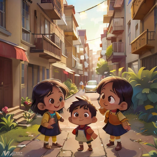a couple of kids standing next to each other on a street near a building and a car on the road