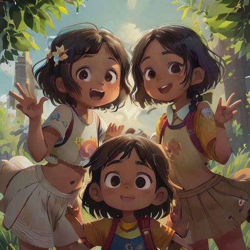 three children standing in the woods with their hands up and their faces open and their hands out in the air