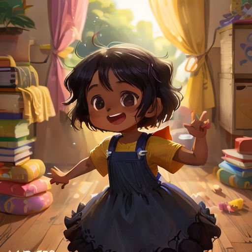 a little girl in a dress is standing in a room with books and toys on the floor and a window