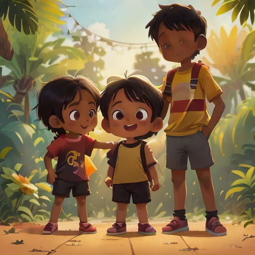three children standing in front of a jungle background with a boy holding a banana in his hand and a girl holding a banana in her other hand