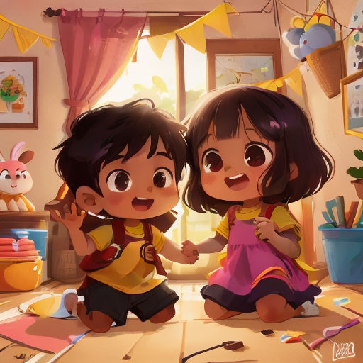 two children are sitting on the floor in a room with toys and decorations around them, and one girl is holding the hand of the other