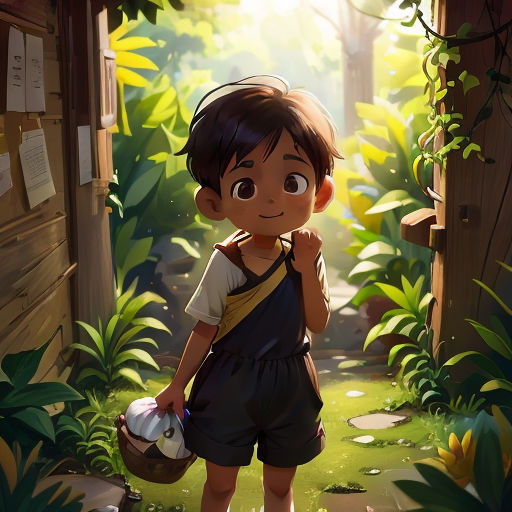 a young boy holding a basket of eggs in a jungle setting with a bird on his shoulder and a bird on his shoulder