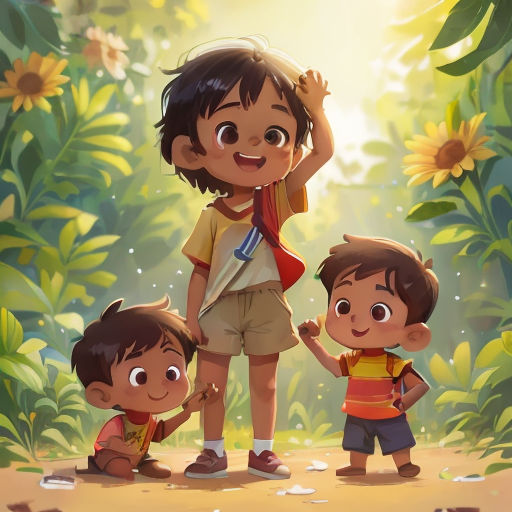 a couple of kids standing next to each other on a field of flowers and plants with a sunflower in the background