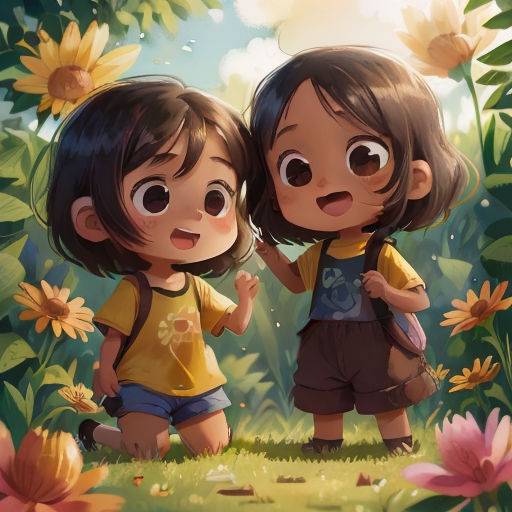 two little girls standing in a field of flowers with sunflowers behind them and one girl holding her hand