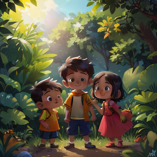 a group of children standing in the middle of a forest with a sun shining through the trees behind them