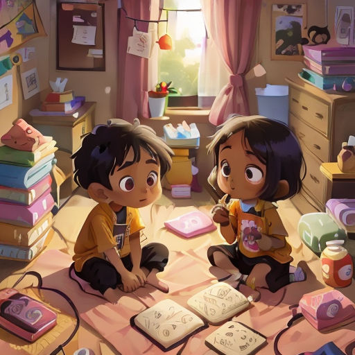 two children sitting on a bed with books and toys in a room with a window and a pink curtain