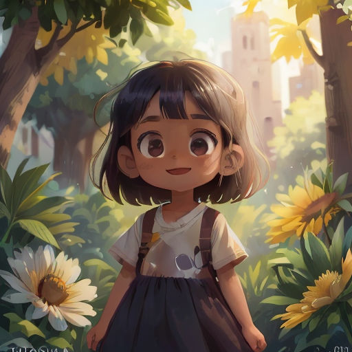 a little girl standing in the middle of a forest with sunflowers on the ground and a castle in the background