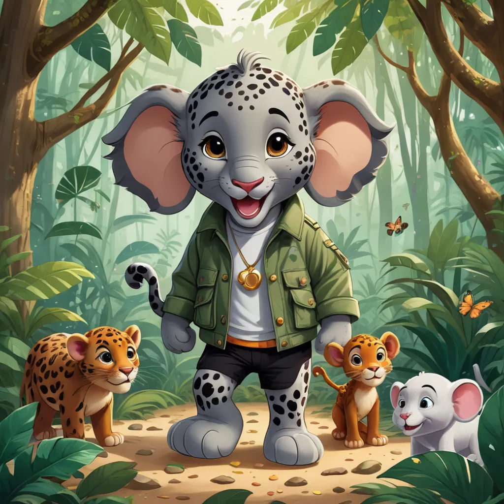 a cartoon elephant with a safari outfit and two cubs in the jungle with butterflies flying around him and a jungle background, furry art, a character portrait, Bob Singer, official art