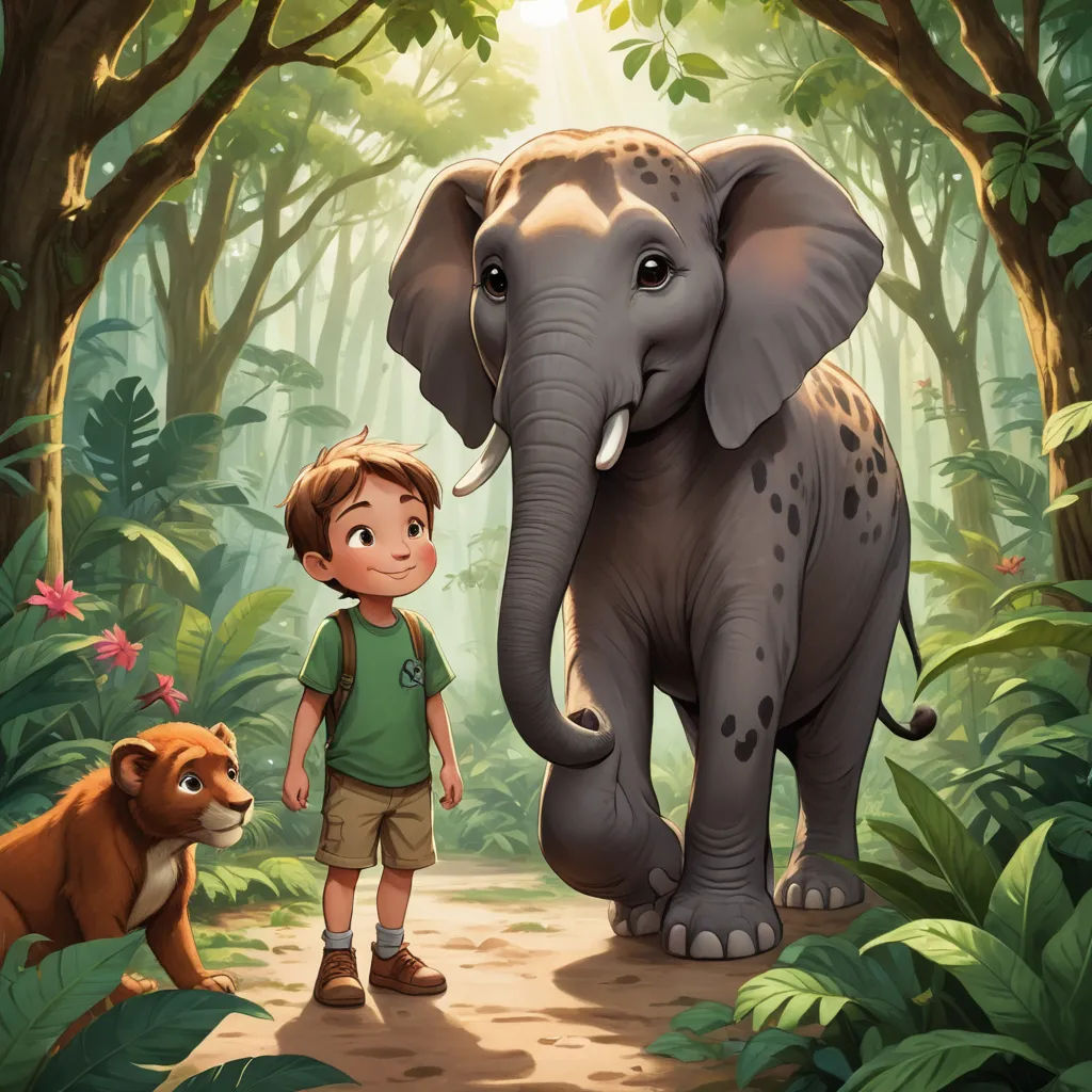 a boy standing next to an elephant in a forest with a dog nearby on a path in the jungle, sots art, a storybook illustration, Chris LaBrooy, promotional image