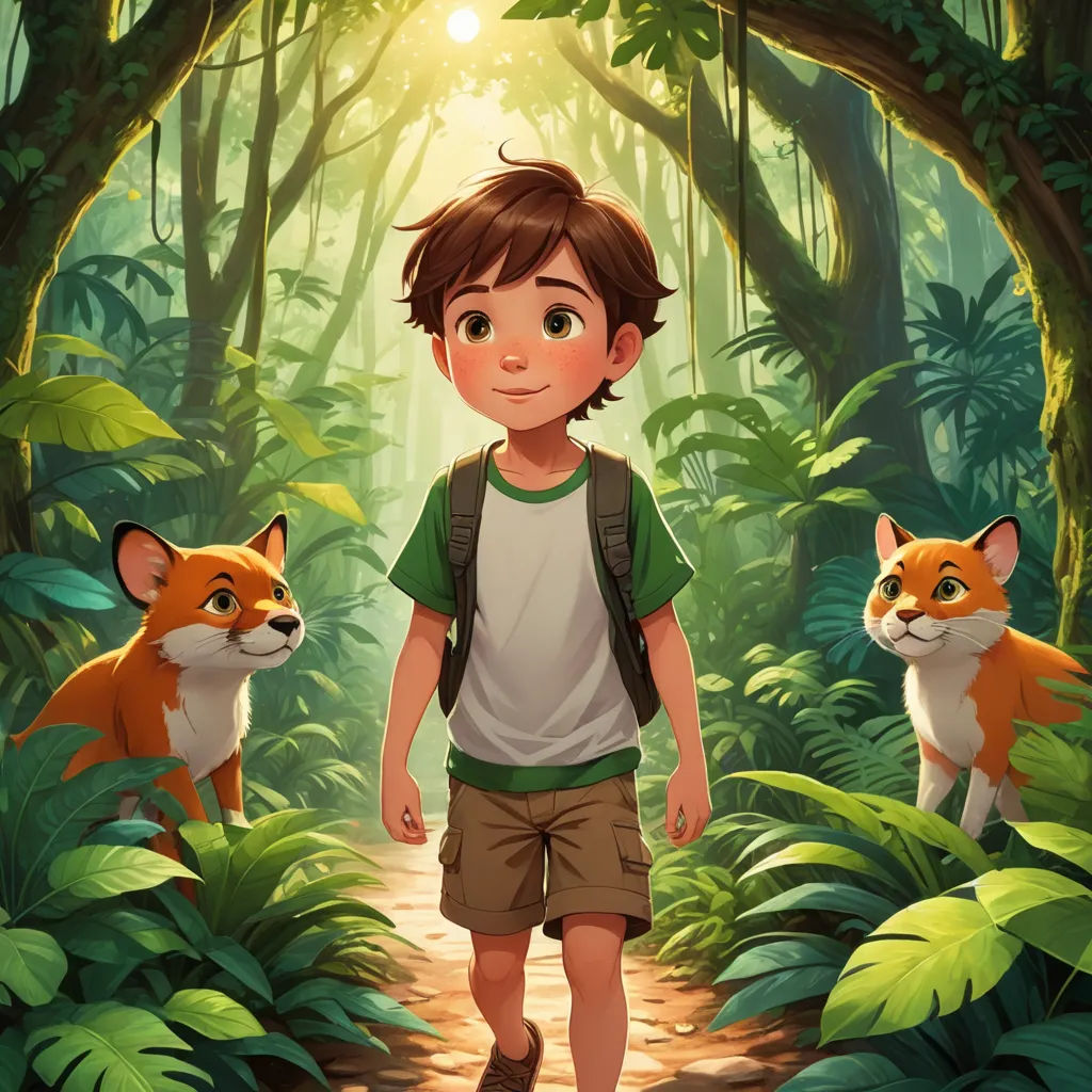a boy and a fox in a forest with sunlight coming through the trees and leaves on the ground and a trail, sots art, a storybook illustration, Diego Gisbert Llorens, rossdraws global illumination